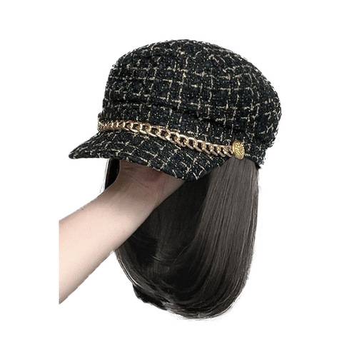 Hat and wig all-in-one women's fashion autumn and winter style small fragrant peaked cap short hair clavicle hair full head wig hat