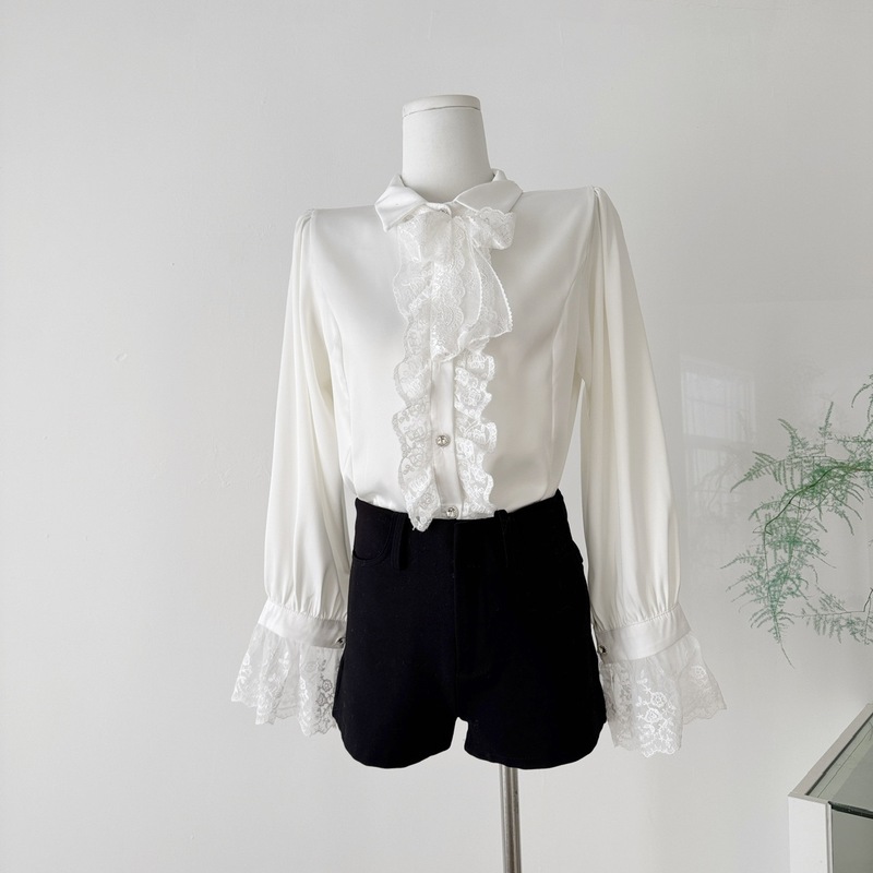 Fairyjiang Autum Palace Style Lace Bell Sleeve Acetate Satin Shirt Women's Bow Tie Waist Shirt