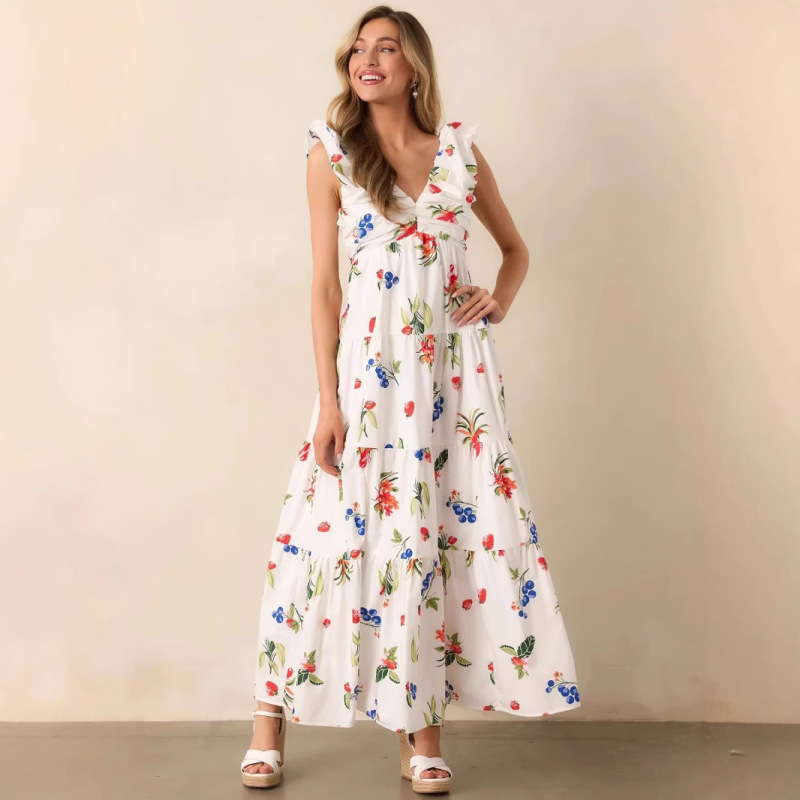 25 Summer New Products Europe and America Cross-border In The Breeze White Cotton Coast Printing Super Long dress.