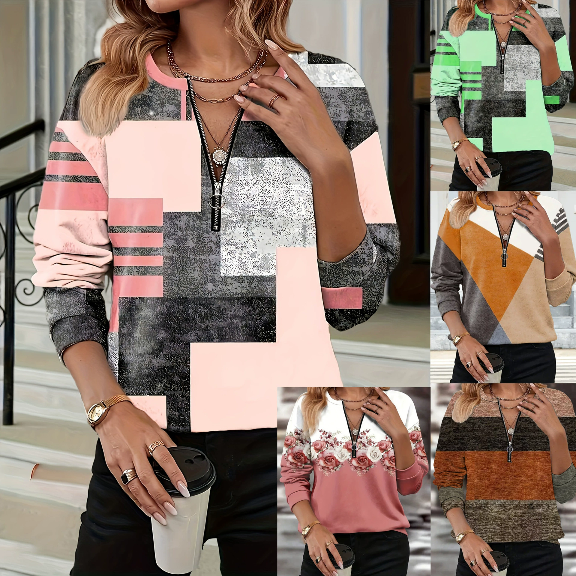 2025 Весенняя внешняя торговля Трансграничная станция Amazon Независимая станция с круглым вырезом полы на молнии повседневная рубашка поло с нерегулярным принтом