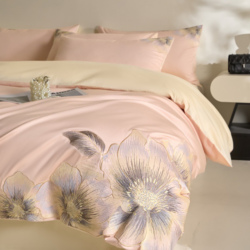 High-End Long-Staple Cotton Four-Piece Set of Pure Cotton Floral Embroider Quilt Cover Naked Sleeping Bed Sheetss and Fitted Bed Sheetss Bedding