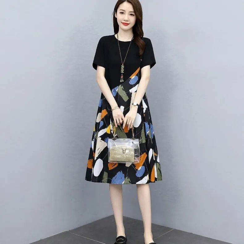 Summer plus size Fashion Spliced Skirt 2025 New Loose Slim Belly Covering Age Reducing Elegant Fake Two-piece dress Summer plus size Fashion Spliced Skirt 2025 New Loose Slim Belly Covering Age Reducing Elegant Fake Two-piece dress