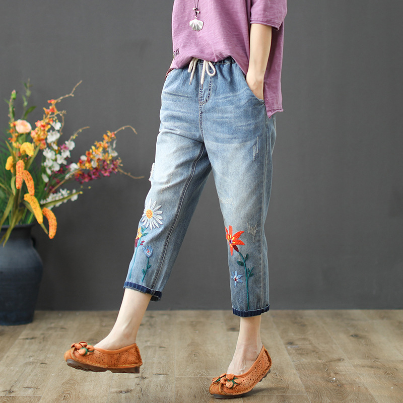 Original Ethnic Style Vintage Washed White Jeans Women's Loose Slim-fit Elastoelastic Waist Lace-up Capri Straight Pants