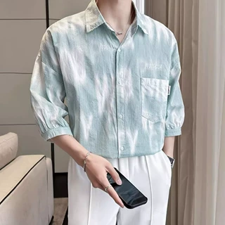夏季痞帅高级感细条纹七分袖衬衣