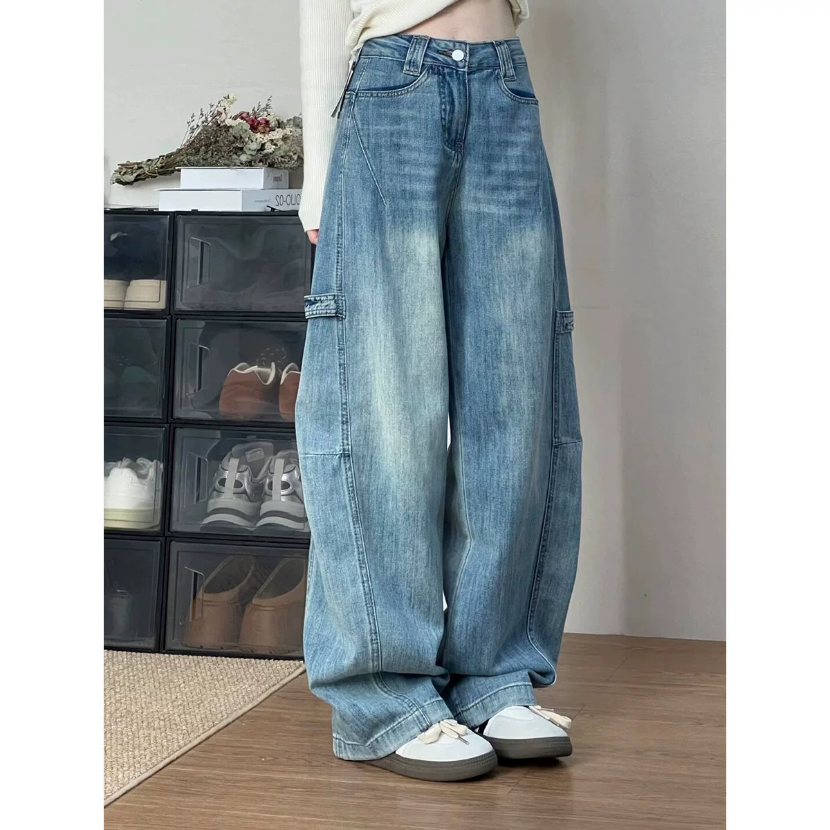 Женские джинсы в стиле ретро в американском стиле больших размеров, весенне-летние свободные брюки с высокой талией, тонкие прямые широкие брюки-сабы