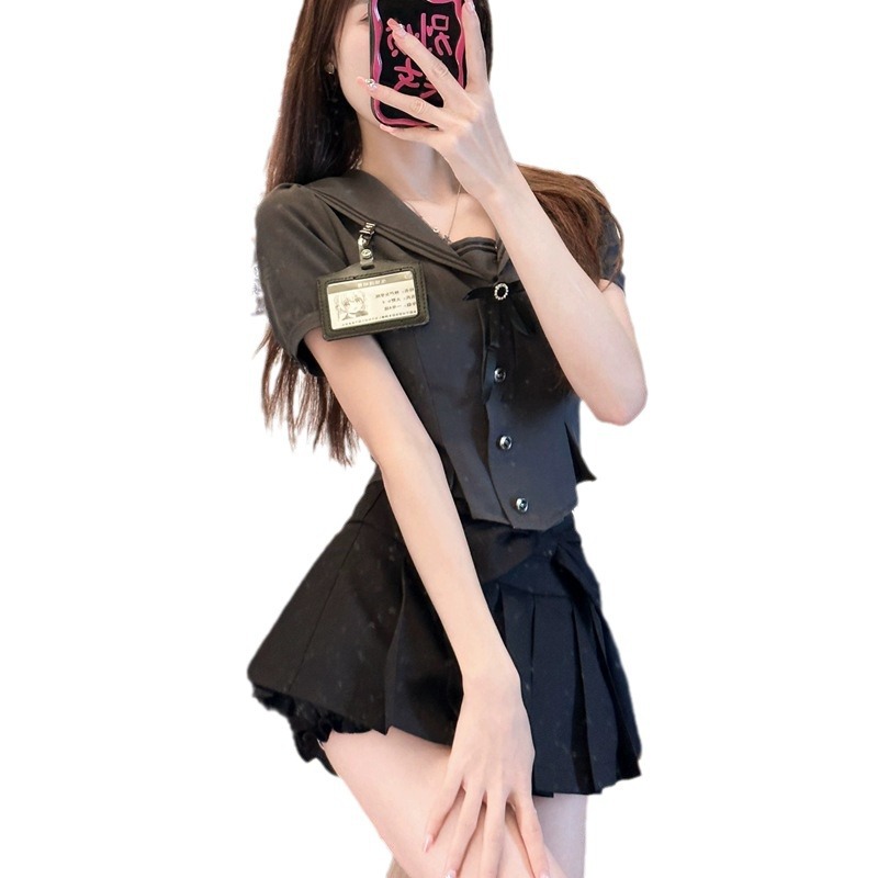 연인 소녀 블랙 그레이 미국 아카데미 스타일 원단 돼지 새로운 허리 슬리밍 선원 칼라 주름 스커트 JK