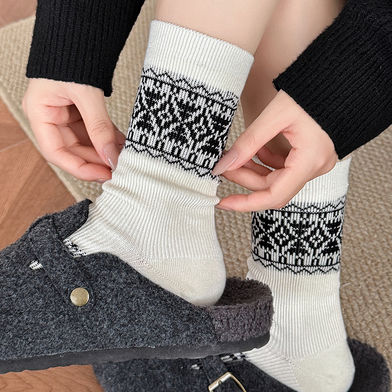double needle seamless socks female purified cotton loose socks autumn and winter ins tide fairisland pastoral style all cotton mid-calf length socks female