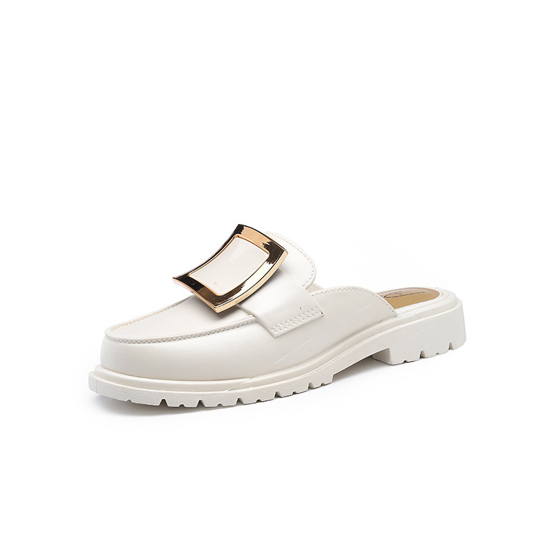 Nuevas medias zapatillas de mujer desgaste exterior perezoso medio soporte hebilla cuadrada punta cerrada slip-on plataforma casual Sandalias planas al por mayor