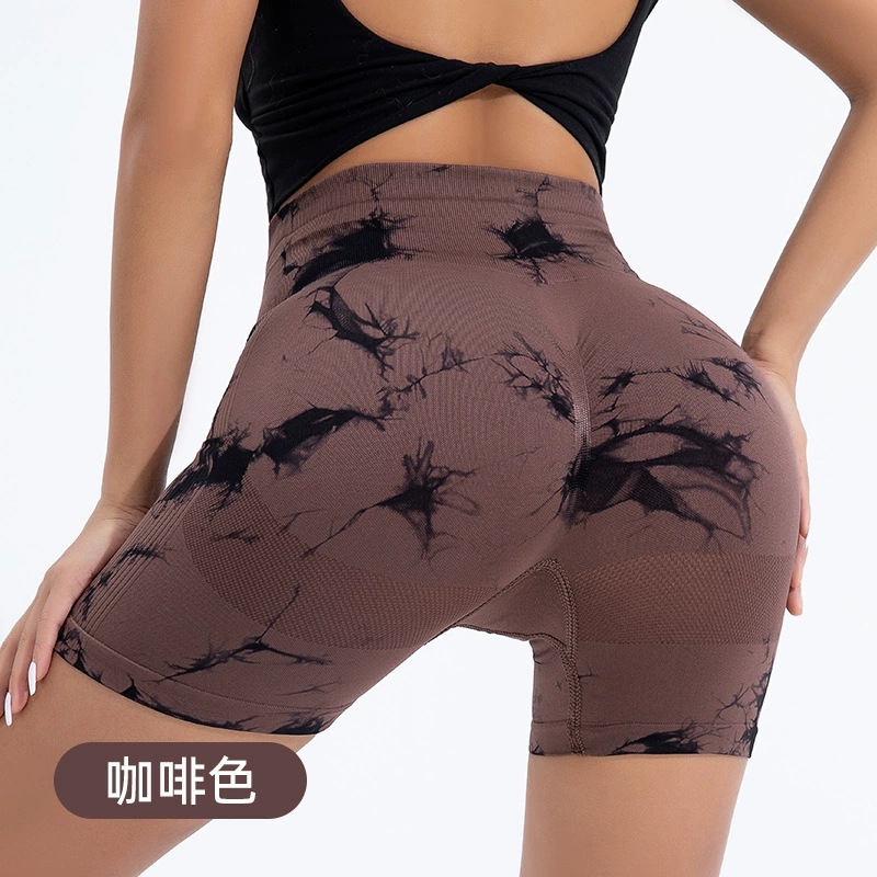 Fábrica directa de ganchos de cadera teñido impresión de yoga fitness pantalones cortos transpirables secos de melocotón