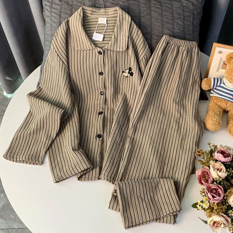 Nube de algodón pareja pijama mujer primavera y otoño nuevo Mickey rayas de dibujos animados dulce suelta ropa de casa conjunto al por mayor