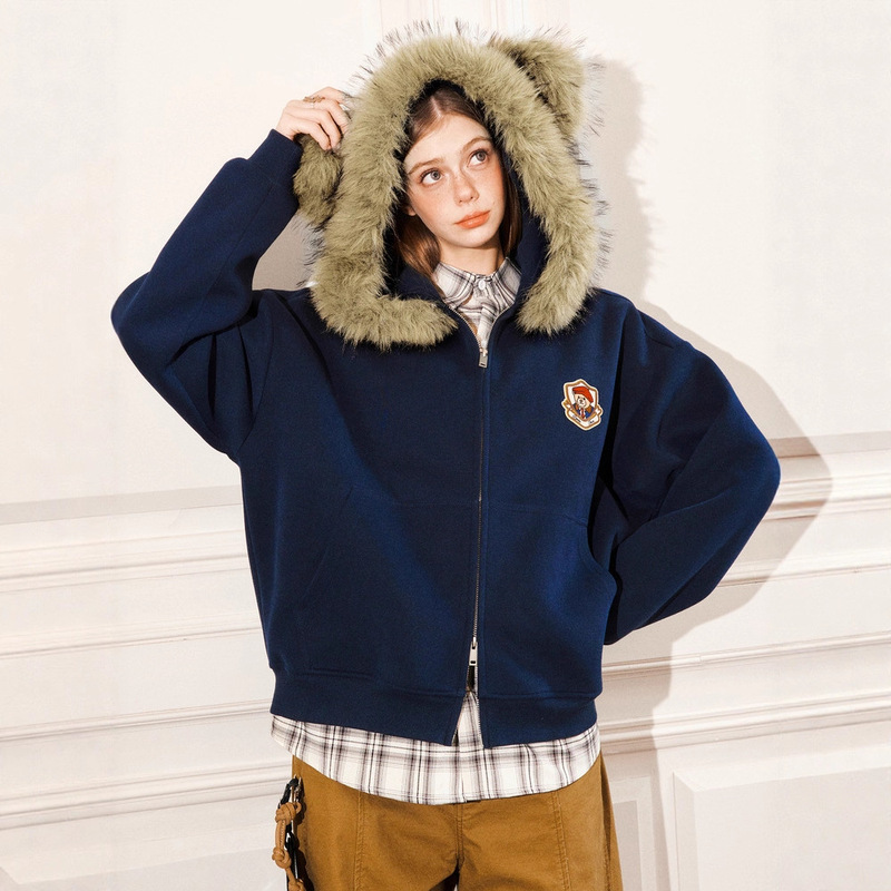 American Retro Bear Ear Fur Collar Cardigan Jacket for Women 2025 New Autumn and Winter Casual Loose Hooded Sweatshirt Trendy