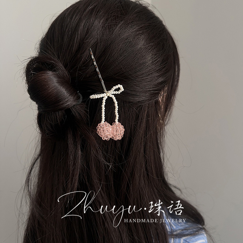 Cute Bow Crystal Cherry Hairpin for Age-Reducing Girls Korean Sweet Fruit Pendant Hairpin Bangs Hairpin