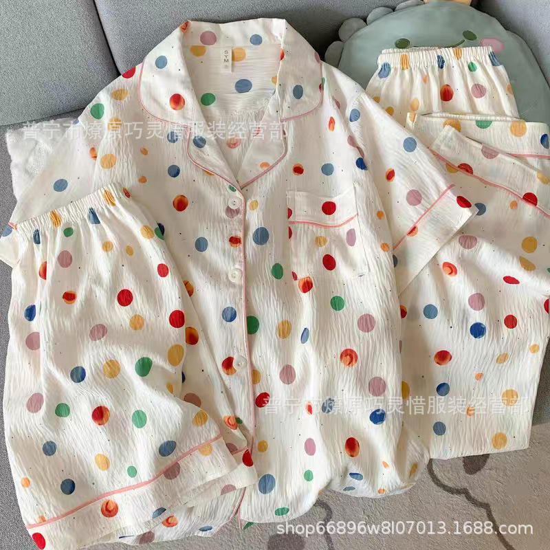 Hermosos pijamas de tela de rabu mujeres primavera y otoño verano nubes de algodón dulce mangas cortas pantalones cortos de tres piezas ropa para el hogar