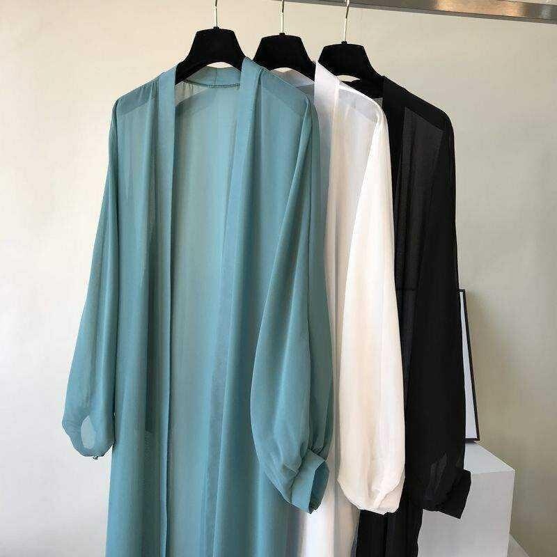 シフォン日焼け止め服ロング涼しい夏の新しいスタイルボタンなしルーズ薄手のアウターカーディガンミッドレングスビーチウェアショール|undefined