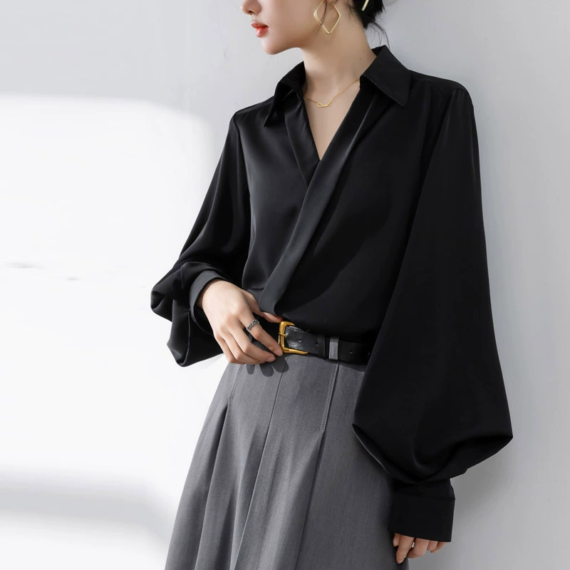 Autumn retro shiffon shirt, flashlight, new collection, V-neckline