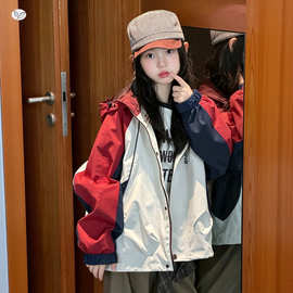 女童冲锋衣外套2026秋季新款中大童韩系撞色连帽夹克衫儿童户外服