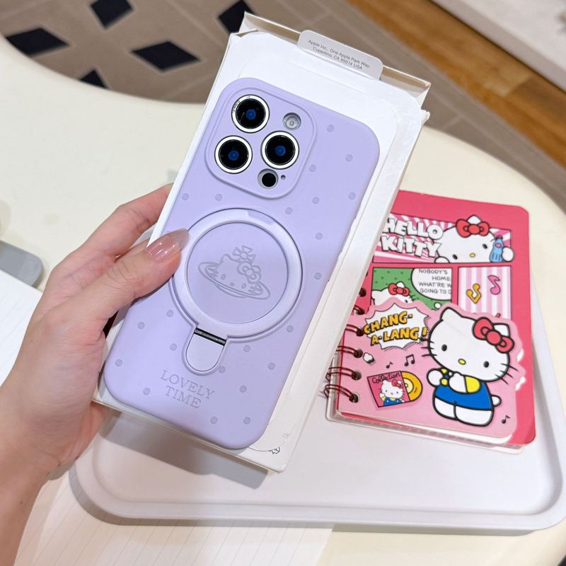 Apple 16ProMax 液体シリコーン水玉キティ猫携帯電話ケース磁気ホルダー細穴保護カバーに適しています|undefined