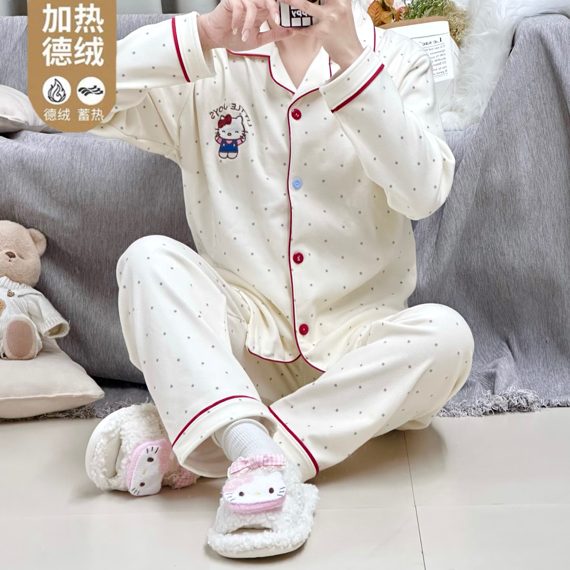 2025新款冬季女士睡衣可爱波点小狗冬季加厚德绒家居服套装  批发