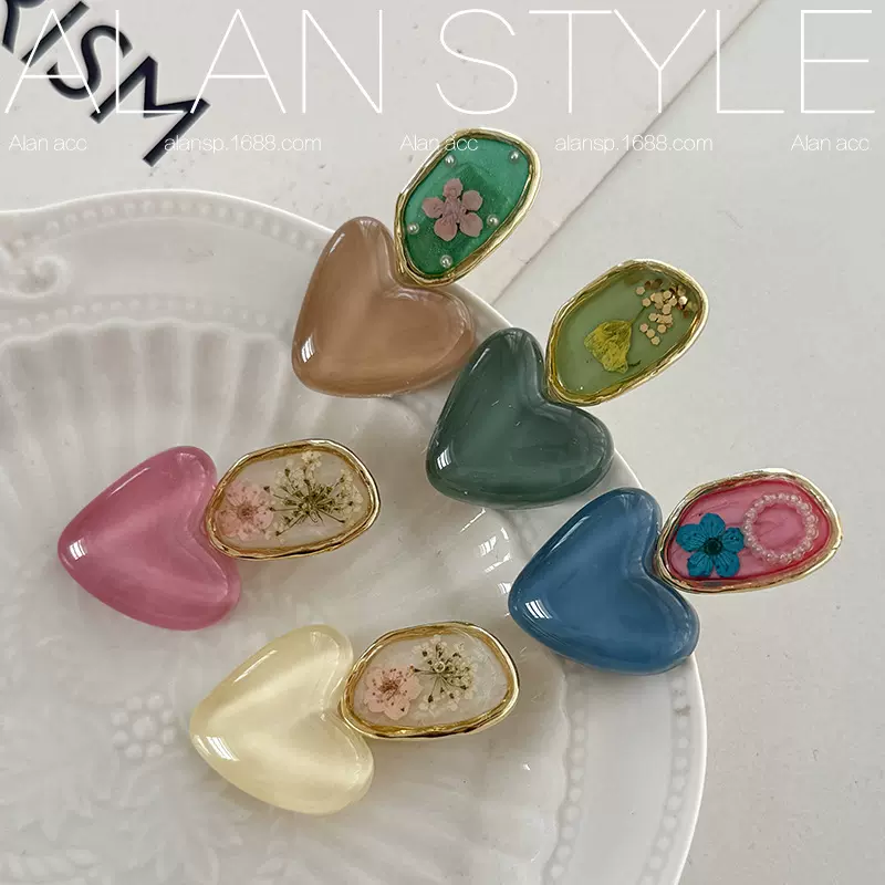 阿斓新款珍珠椭圆流沙颗粒感滴胶水绿叶粉色夹子饰品边夹顶夹发饰