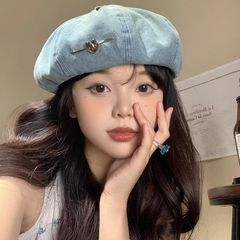 帽子秋天女日系爱心锁扣百搭高级感牛仔贝雷帽大头围显脸小八角帽