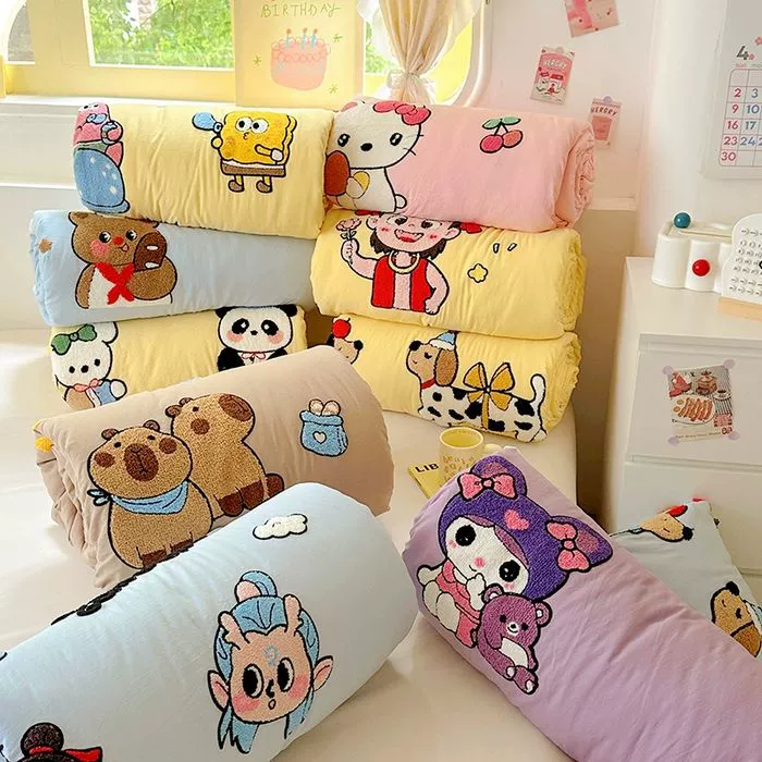 Корейская версия, популярное детское милое хлопковое полотенце с вышивкой, летнее одеяло, одеяло с кондиционером, летнее прохладное одеяло, комплект из четырех предметов, съемный и моющийся