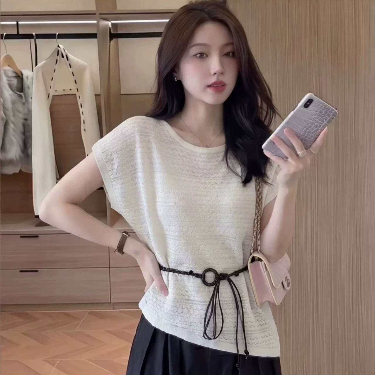 Áo thun ngắn tay nữ phong cách Pháp, thiết kế thắt eo tôn dáng — đen chi tiết 1