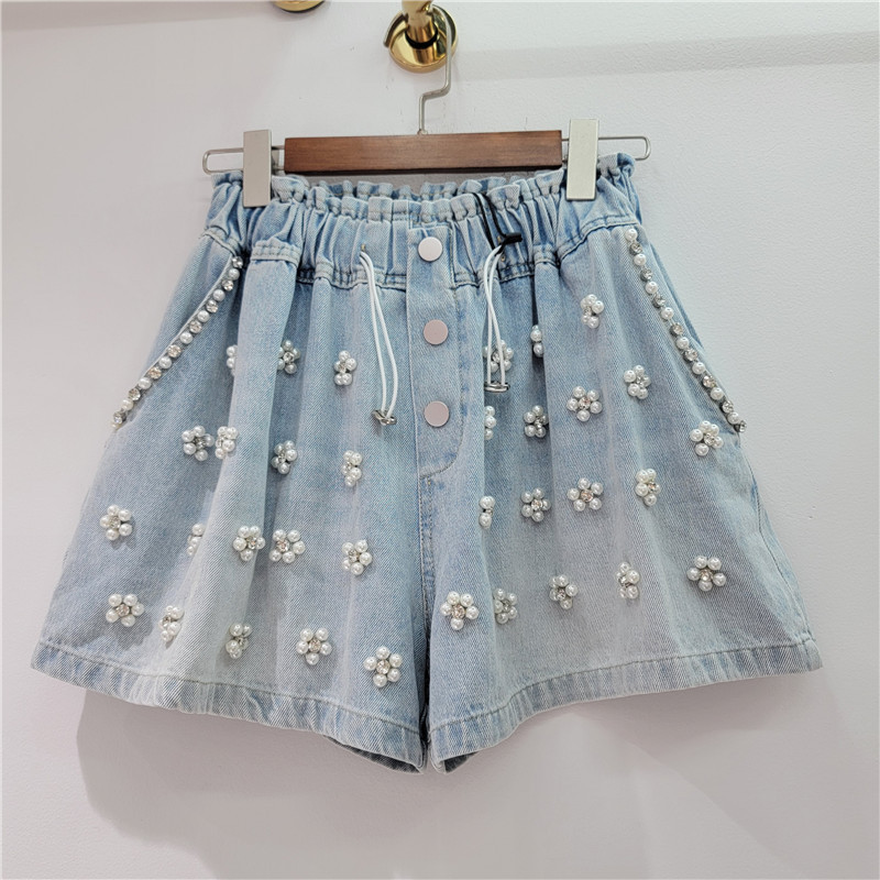 Pantalones Cortos de Mezclilla con Pedrería y Cuentas de Mezclilla con Pierna Ancha para Verano