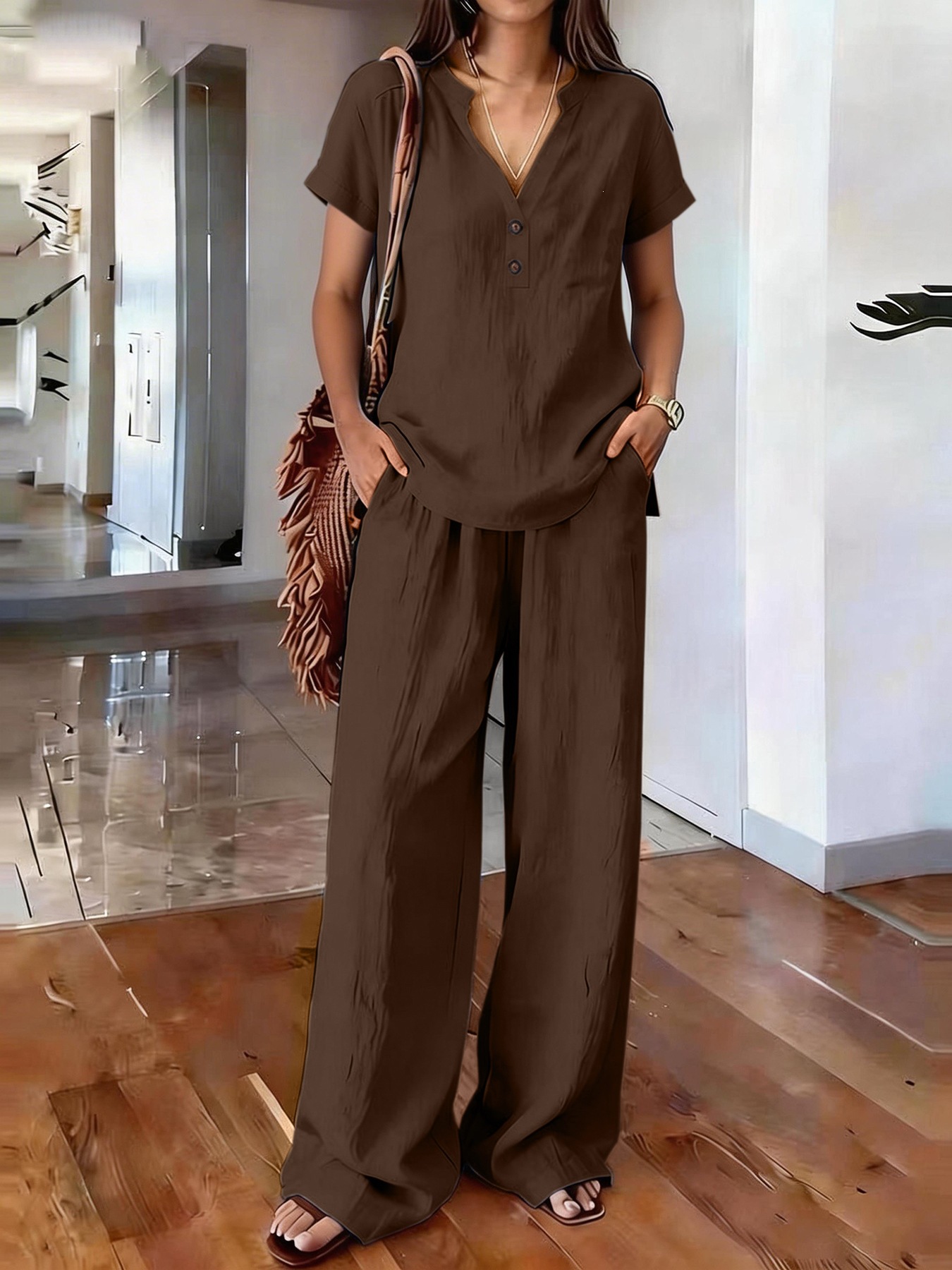 Women's Clothing Women's Casual Cotton Linen Top And Wide Leg Pants Set V Neck Button Up Old Money Style Solid Color_ecoleips.com