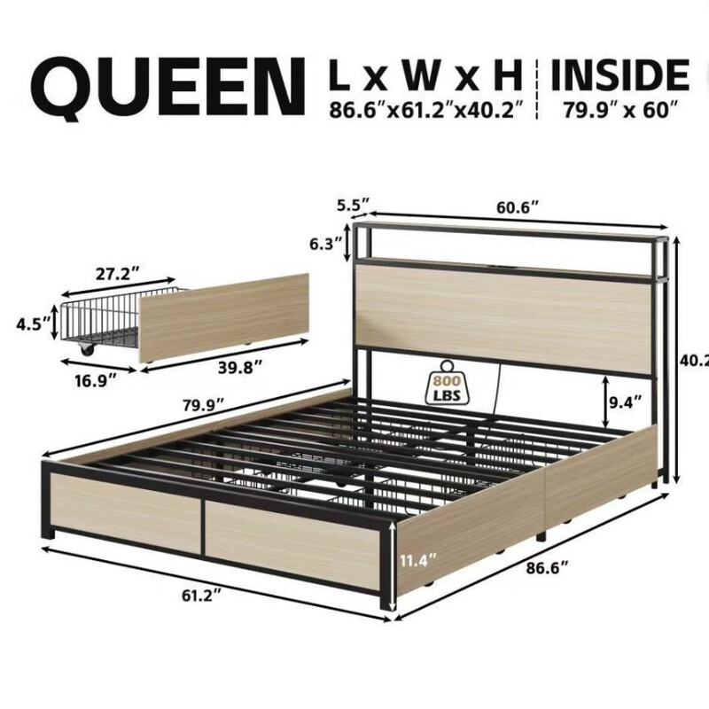 Double Iron Bed Wooden Iron Frame Bed Bottom with Large Capacity Storage Drawer Home Bed Oak Color Double Iron Bed Wooden Iron Frame Bed Bottom with Large Capacity Storage Drawer Home Bed Oak Color