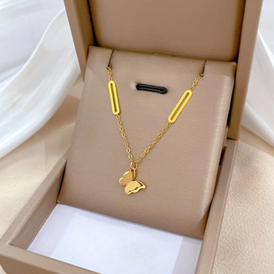 【Full Titanium Steel】Minimalist Style Butterfly Personality Gold Necklace for Women Ins Internet Celebrity Clavicle Chain