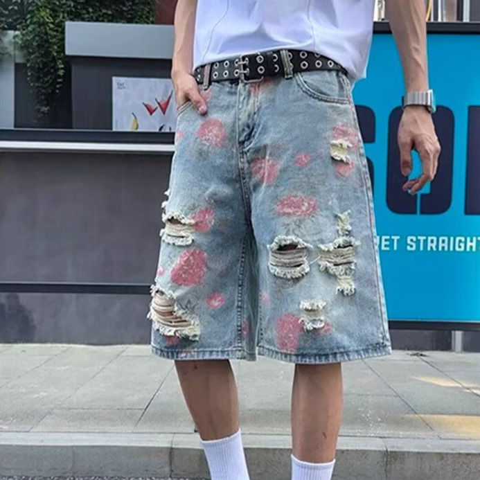 Rose Print Ripped Denim Shorts for Men, Summer Thin Trendy Brand, Stylish Street Pants, American High Street Five-Point Shorts
