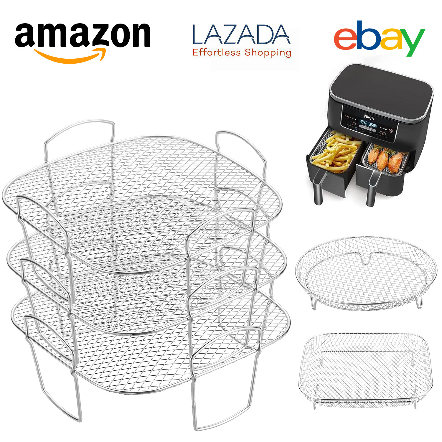 Transfronterizo Airfryer304 acero inoxidable aire freidora accesorios marco de deshidratación de tres capas rectangular rejilla de parrilla de parrilla