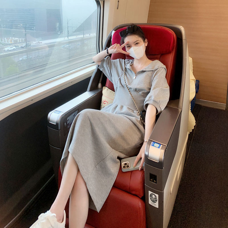 Fashionable solid color hooded sweater dress women's small waist slimming pure desire short sleeve over the knee midi dress
