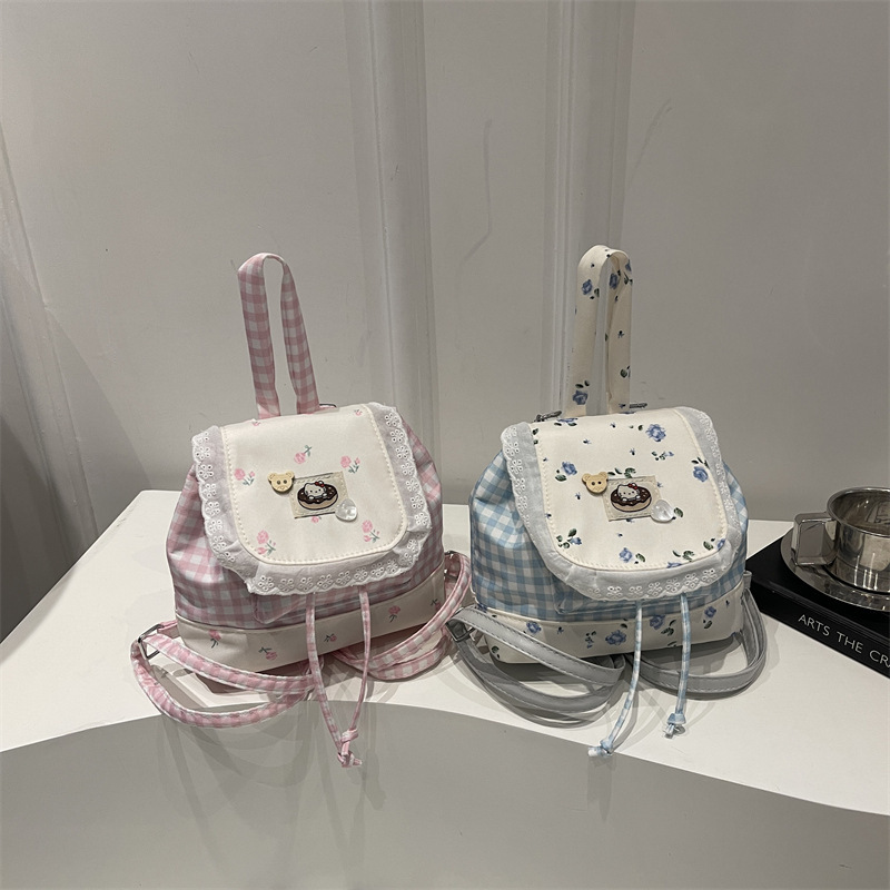 Korean-Style Bowknot Designer Backpack for Girls, Artistic and Fresh College-Style Mini Plaid Lace Backpack Korean-Style Bowknot Designer Backpack for Girls, Artistic and Fresh College-Style Mini Plaid Lace Backpack