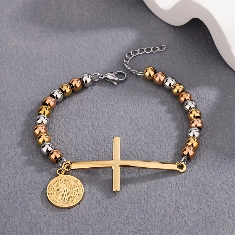 Casual, Daily Occasion Vintage Style Classic Style Cross 304 Stainless Steel Beaded Chain Bracelets In Bulk