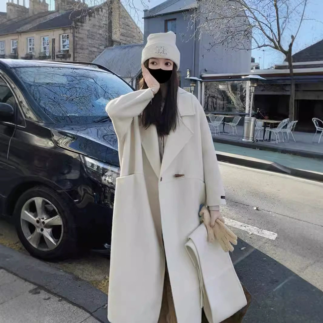 Двустороннее кашемировое пальто для женщин, осенне-зимнее новое шерстяное пальто средней длины с пряжкой выше колена, шерстяное высококачественное шерстяное пальто