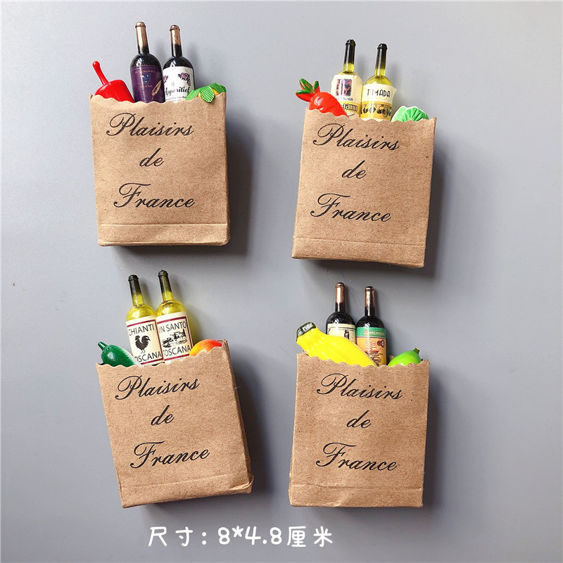 Mini comida y juego decoración refrigerador pegatinas accesorios para el hogar botella de vino gabinete de madera cesta de dibujos animados fruta pegatinas magnéticas nota Mensaje de papel