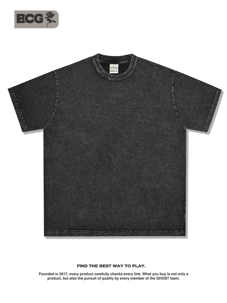 Camiseta de manga corta de algodón puro de 260G, estilo vintage desgastado, corte holgado, color liso lavado, para uso transfronterizo.