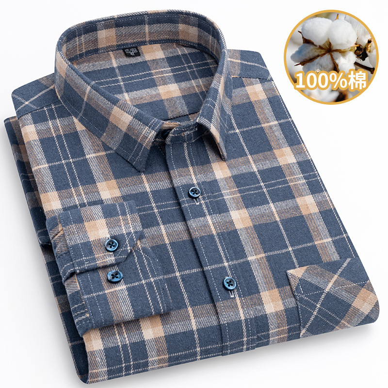 Amazon Cross-border Men's Fashion Casual Sanding Plaid Long Sleeve Shirt Lapel Casual Shirt Men's Top