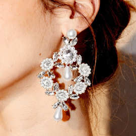 跨境欧美创意新款夸张水晶珍珠耳环新娘婚礼首饰厂家现货直销批发