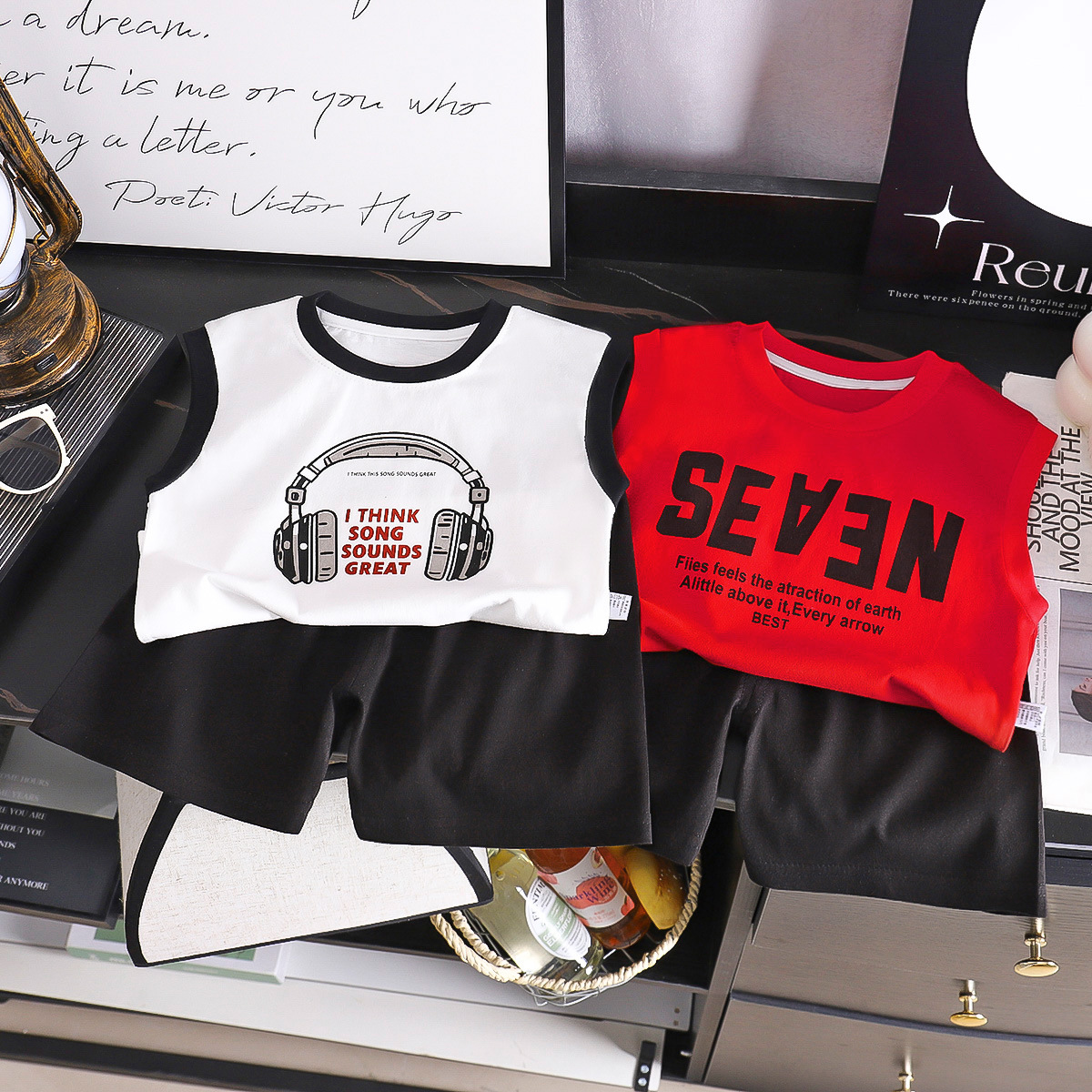 Children's vest summer new cotton suit boys Korean baby wide shoulder T-shirt top shorts children's clothing wholesale