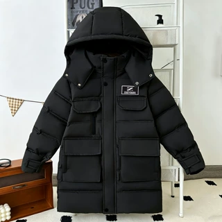 跨境专供冬季新款男童棉服儿童中大童儿童中长款连帽派克服棉衣