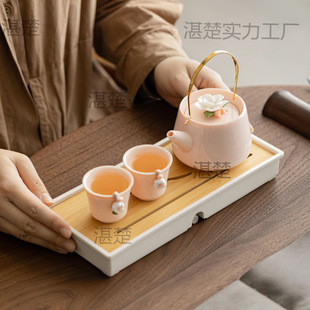 Light Luxury Raw Mineral Powder Clay Handmade Flower Handle Teapot, One Pot and Two Cups, Kung Fu Tea Set, Small Set, Ladies Teapot and Teacup