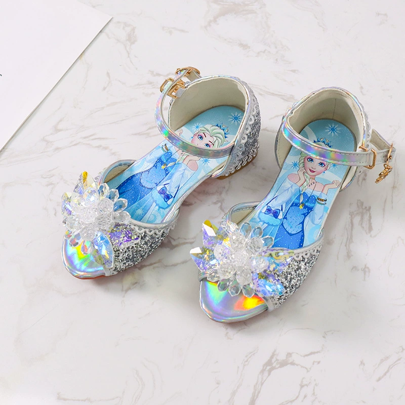 Замороженные хрустальные цветочные туфли принцессы 2025 весна и лето новые сандалии с рыбьим ртом принцесса Аиша с плоской подошвкой детская обувь