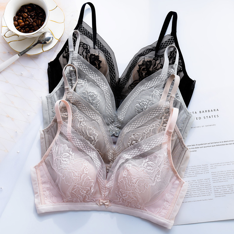 Deep V Ultra-Thin Rabbit Ear Crystal Cup Big Breasts Showing Small Sexy Lace Intimates Bra No Rims Push-Up Bra
