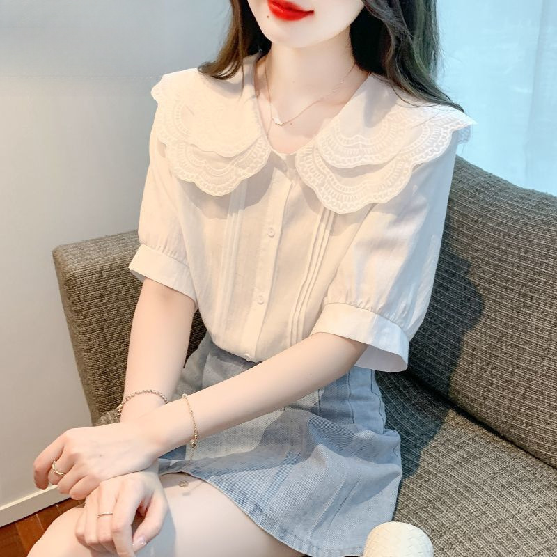 French Double Doll Collar Sweet White Shirt Women's Summer 2025 New Design Sense Niche Short Sleeve Top