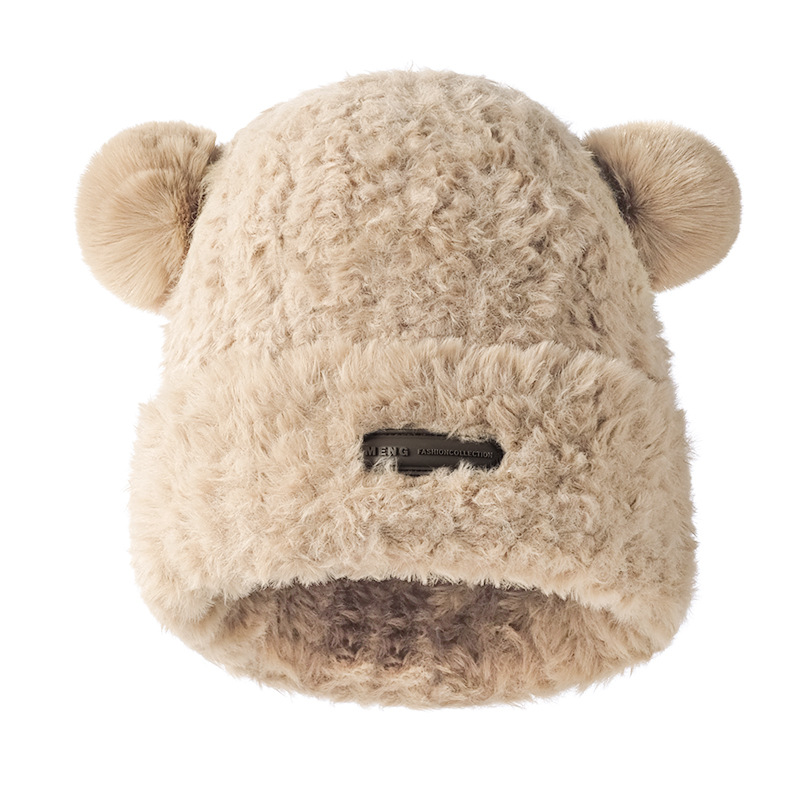 Herbst- und Wintermützen für Damen, süße Fleece-Wintermütze, verdickter warmer Gesichtshut, kleine kältebeständige Plüsch-Strickmütze aus Wolle_voghion.com