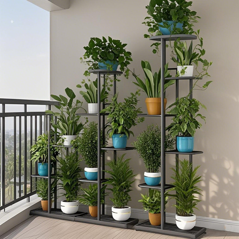 Flower Stand Stepped Multi-Layer Indoor and Outdoor Movable Floor-Standing Iron Flower Pot Stand with Roller Flower Stand for Balcony Use
