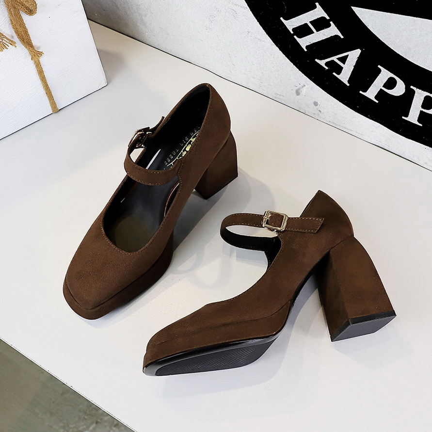 9613-5 European And American Style Retro High Chunky Heel Waterproof Platform Suede Shallow Mouth Square Toe Belt Buckle_vogvips.com
