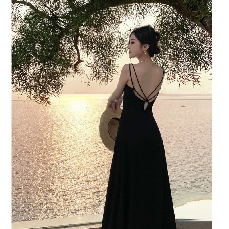 Hainan Sanya Travel Photography Seaside Vacation Black Beach Dress Sexy Backless Suspender Dress Women's Summer Long Dress